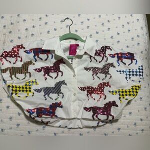 NWT Queen of Sparkles Horse Crop Button Shirt Size Small Perfect for Rodeo/Derby